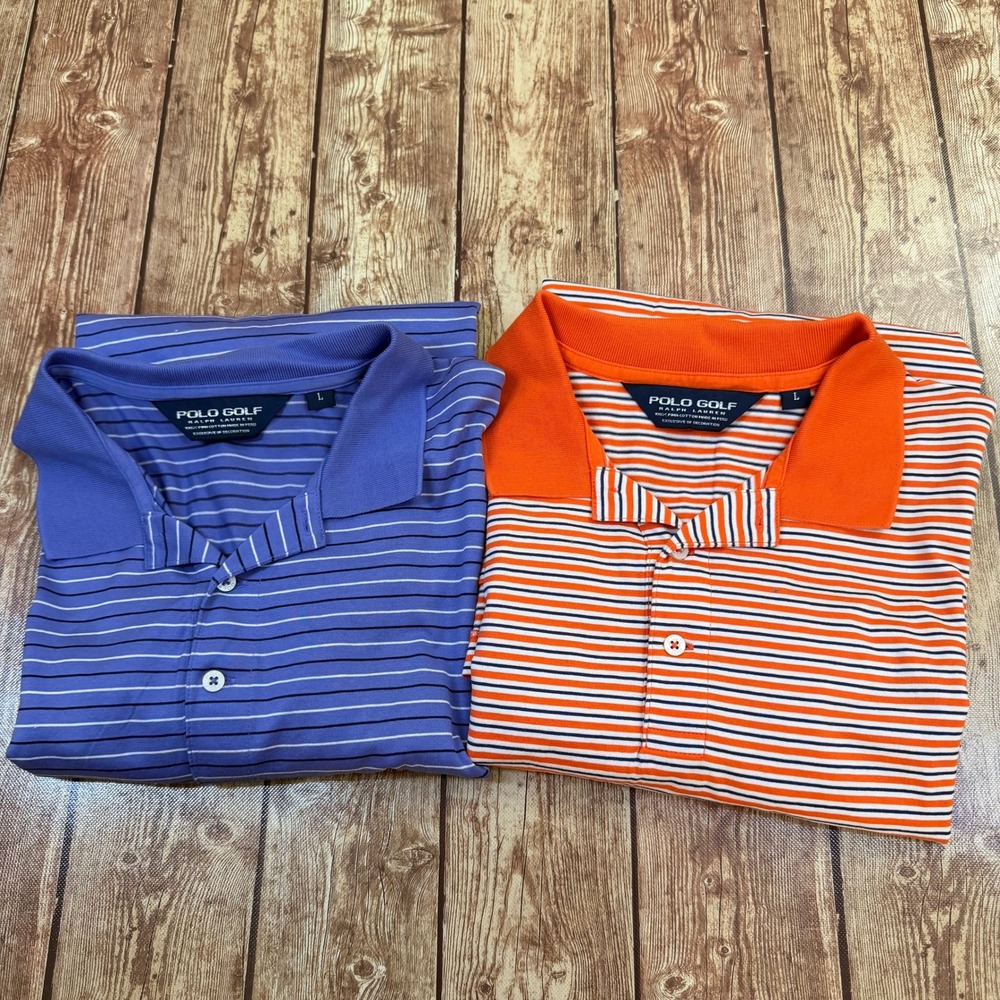 Polo Golf Ralph Lauren Shirt Mens Large Orange Blue Striped Pima Cotton 2 Pack